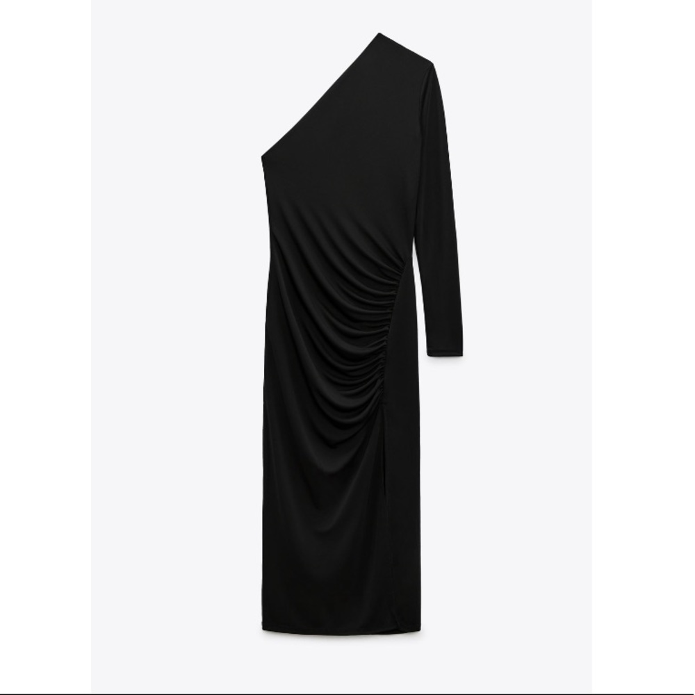 ZARA BLACK RUCHED ASYMMETRIC DRESS size medium - Picture 7 of 8